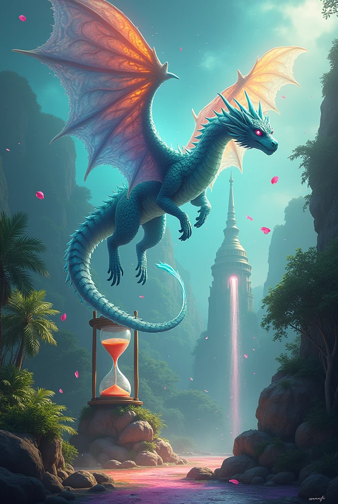 Imagine a turquoise blue crystal dragon with scales that shine like stars on a dark night, Flying over a surreal landscape that combines the architecture of the city of Paris with the lush nature of the Amazon rainforest. The dragon has eyes that change color between emerald green and purple., and her breath is a mist of colors that swirls in spirals. In the scene, There is also a giant hourglass that overflows with colored sand., and a shower of flower petals falling from the sky. The atmosphere is ethereal and mystical, with a touch of magic and fantasy