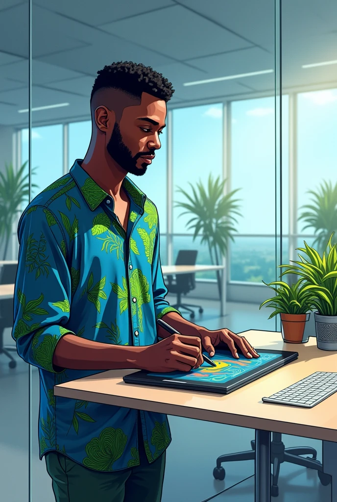 Landscape drawing of a young African man dressed in blue and green using a graphics tablet in a glass office.