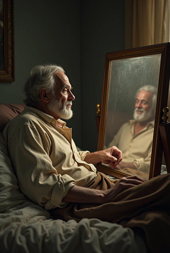 An image of an elderly man talking to a wardrobe mirror from his bed while lying down 