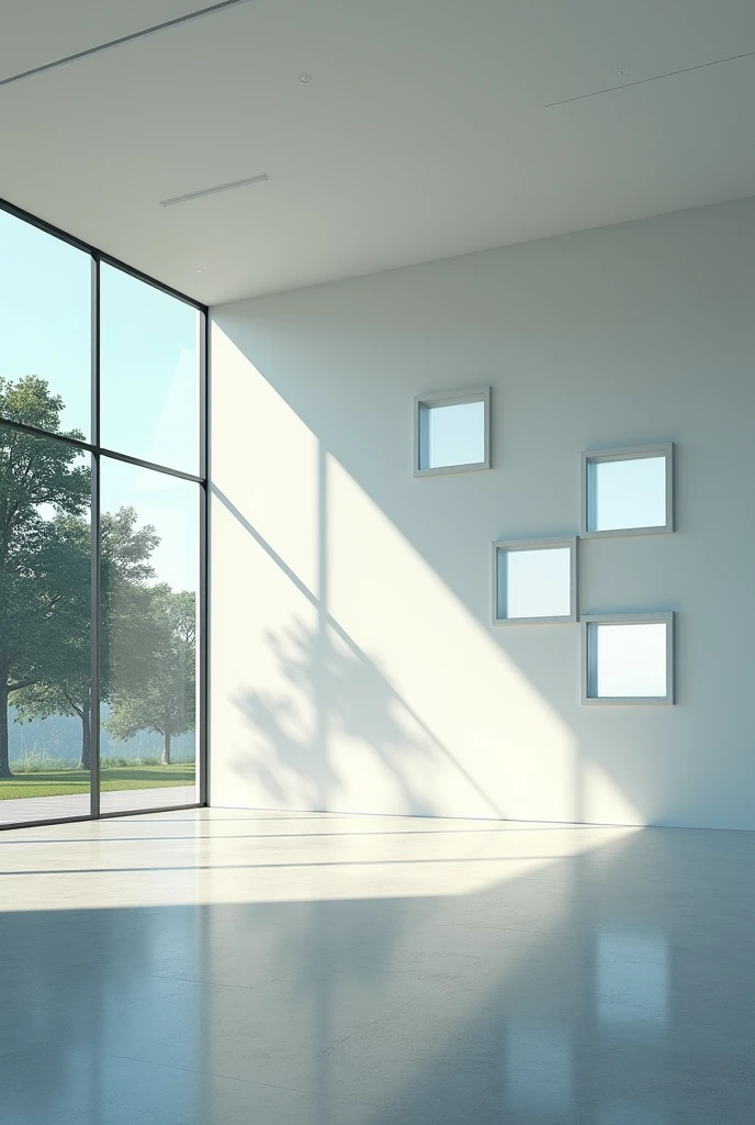 The light enters in the form of a geometric grid. Windows on two walls, in the form of randomly scattered squares. It has a great entry of natural light into the space through these square windows. There are no openings apart from the square windows.. They are all the same size It is a single large space Flat roof It is a space with an approximate height of 4 meters and great depth. The horizon is on the right side, since on the left side there are large trees a short distance away.
