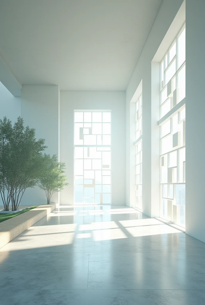 The light enters in the form of a geometric grid. Windows on two walls, in the form of randomly scattered squares. It has a great entry of natural light into the space through these square windows. There are no openings apart from the square windows.. They are all the same size It is a single large space Flat roof It is a space with an approximate height of 4 meters and great depth. The horizon is on the right side, since on the left side there are large trees a short distance away.