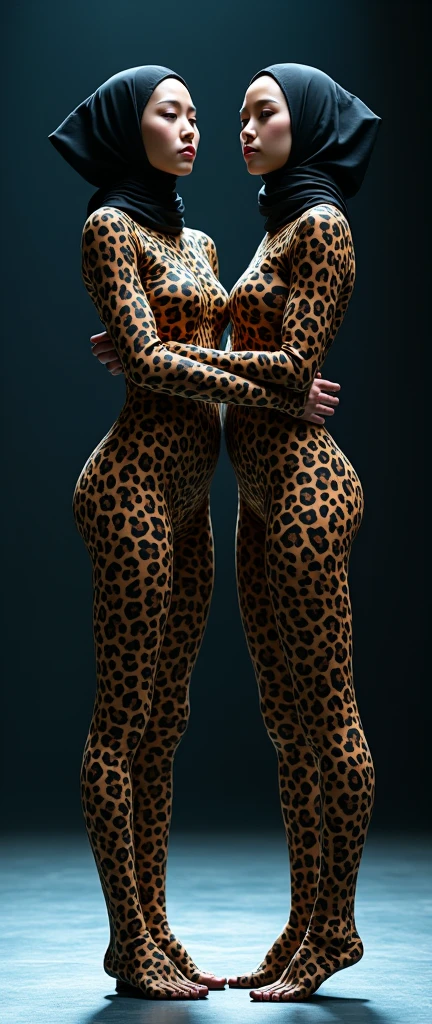 the 2 beautiful and thest Chinese adult girls with beautiful cheeks wear leopard print lycra footed turtleneck unitard catsuit covered with black leopard patterns.She always wear leopard print lycra elastane stretchy dancewear hijab-like zentai hood.She is take part for contortion.She is my beautiful contortionist in the world.