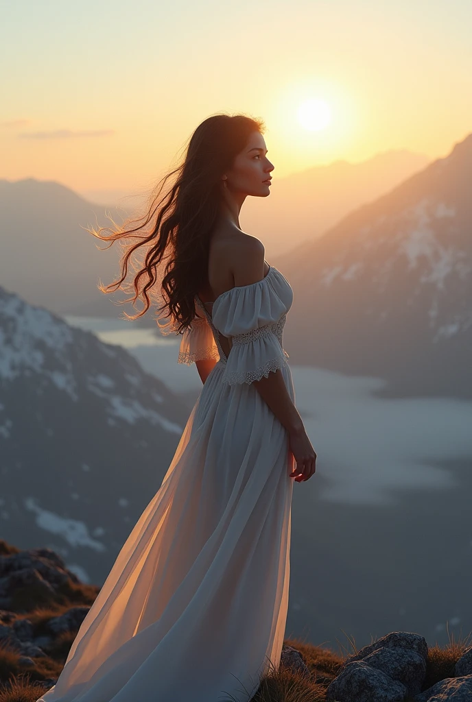 A beautiful woman stands on the mountains at sunrise. She looks into the distance. you can see her face.