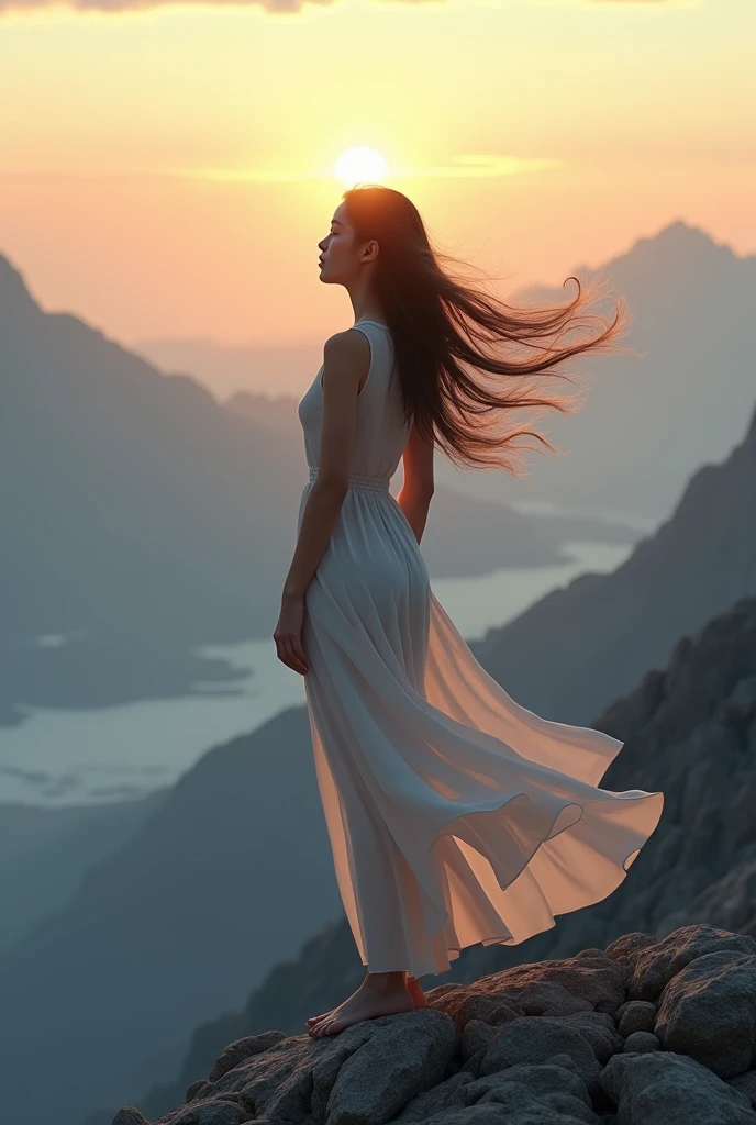 A beautiful woman stands on the mountains at sunrise. She looks into the distance. you can see her face. 