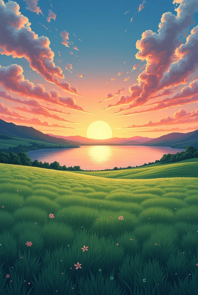 Draw (in manga lines) a green field, with a calm lake, At the sunset, with panoramic horizontal view