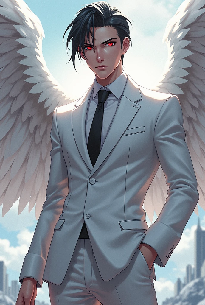male character, hair styled to the sides, black. Eyes red, white suit, Shiny Angel Wings. anime dash
