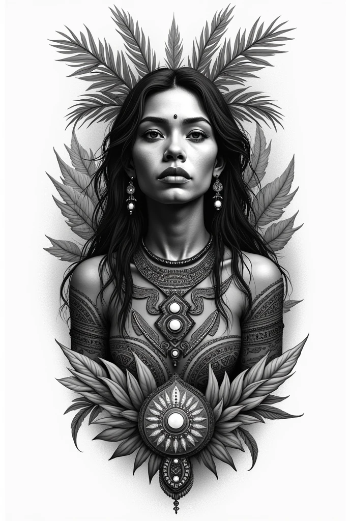 Act as a design expert and design a black and white tattoo with a pre-Columbian indigenous person with parts of the culture and art of the Chibcha culture