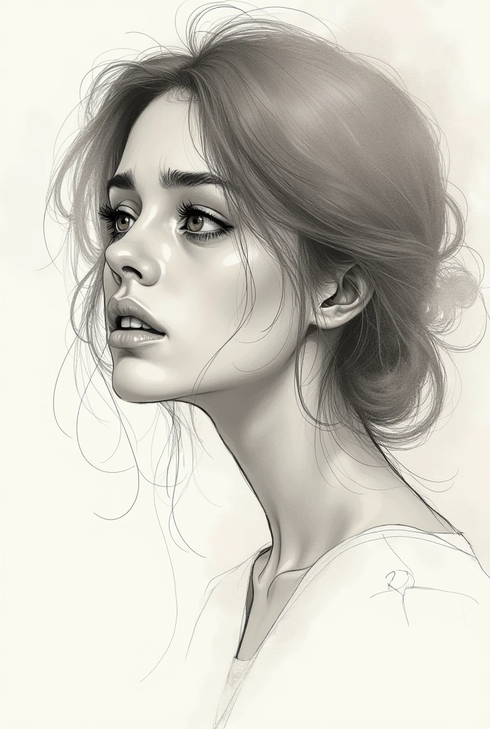  drawing of a woman looking with an emotional eyes like she’s saying something through her eyes the pain can be seen in her eyes from side profile of her face 
Sketch 