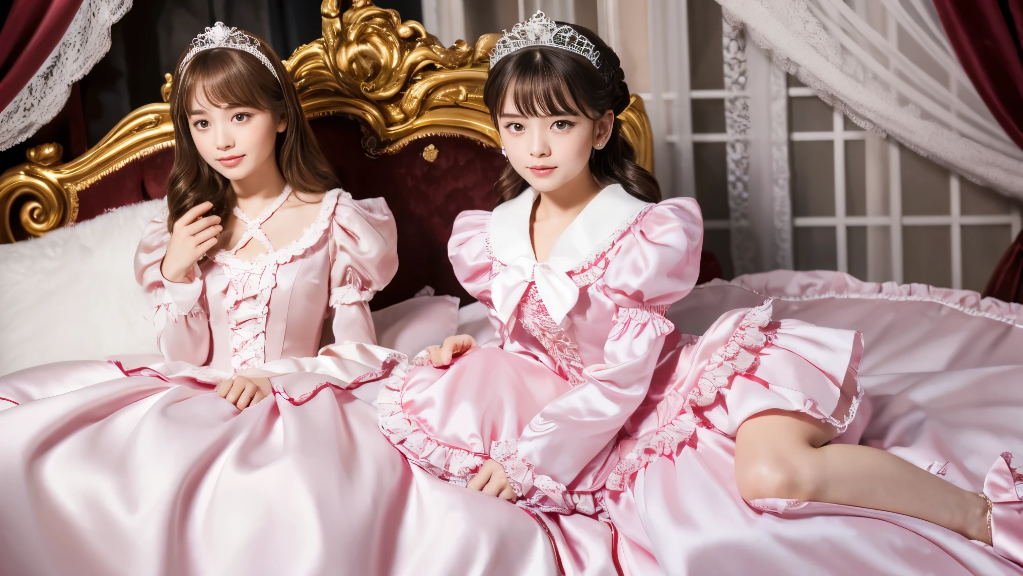 ,highest quality, masterpiece, highest resolution, artwork, super それにget used to it, many get used to it, get used to it, それにget used to it, 3k realistic pictures,,((10 year old little girls)),Ultra-detailed juvenile face,three are princesses,full length ball gown dress with hoop skirt,ruffled yoke collar,puff sleeves,long sleeve,((Lolita style detailed pink princess satin dress with lots of ruffles and ribbons)),Rococo style lolita fashion,shiny satin dress,Soft and smooth fabric,luxury,long blonde hair,blue eyes,white skin european,Pajama,((in the bedroom)),luxury princess canopy frilled bed,super detailed silk satin bed,lot of frilled pillows,they are lying on the bed,High-quality background,