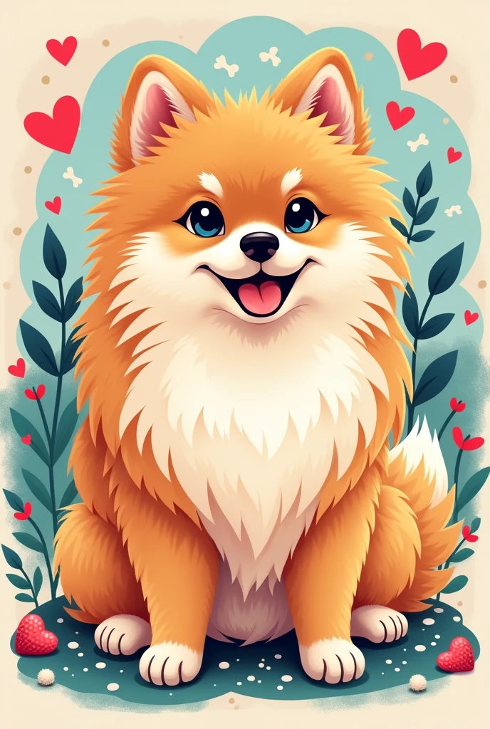 “Adorable Pomeranian dog with fluffy fur, big expressive eyes, and a joyful expression, illustrated in a playful, cartoonish style. The design should be vibrant and colorful, suitable for t-shirts, with a fun and cute aesthetic. Incorporate paw prints, hearts, and bone patterns as decorative elements. The Pomeranian should be in various poses (sitting, standing, playing), with attention to detail on its fur texture. The design should be eye-catching, with a mix of bold and pastel colors, and should appeal to dog lovers and pet owners.”