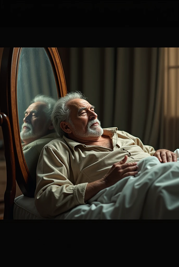 An image of an elderly man talking to a wardrobe mirror from his bed while lying down 