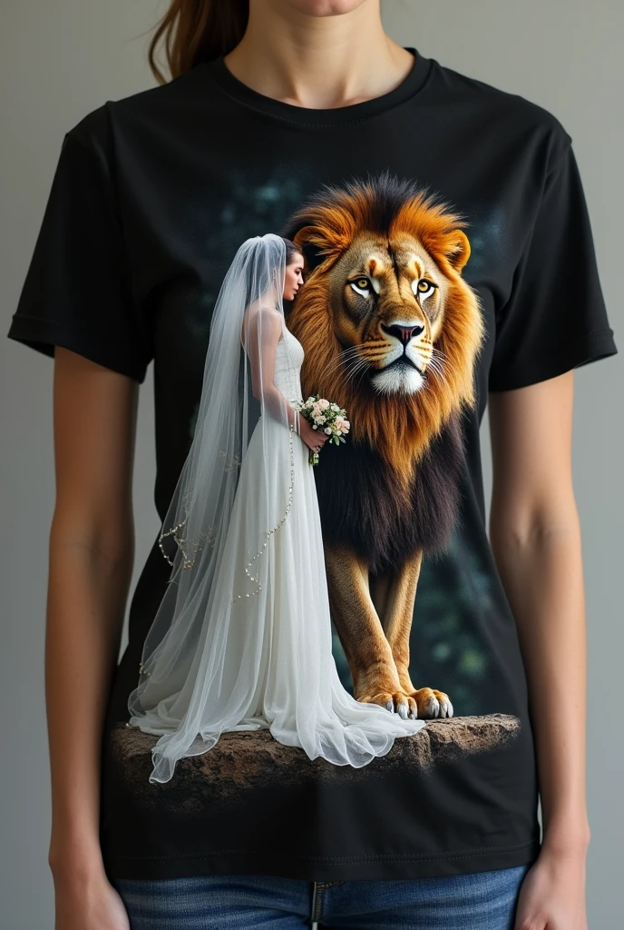 Create a women&#39;s shirt with a picture of a big lion and a bride on the black color shirt image 