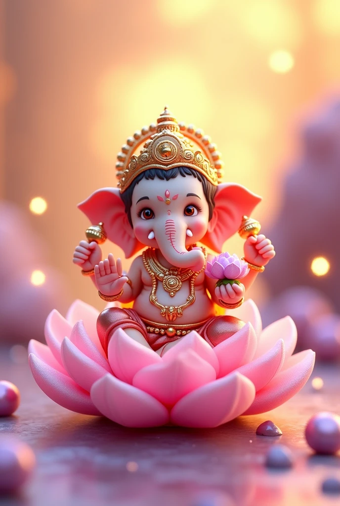 Prompt : Ganesha sitting on a golden day style wallpaper with pastel colors of pink, sitting on a pink lotus flower, purplepearls in the background, full body, cute, shiny, crystal stars, digital art, simple design, very high resolution, cinematic lighting, perfect composition, harmonious composition, octane render, Hold Lotus flower, Chibi-Style.