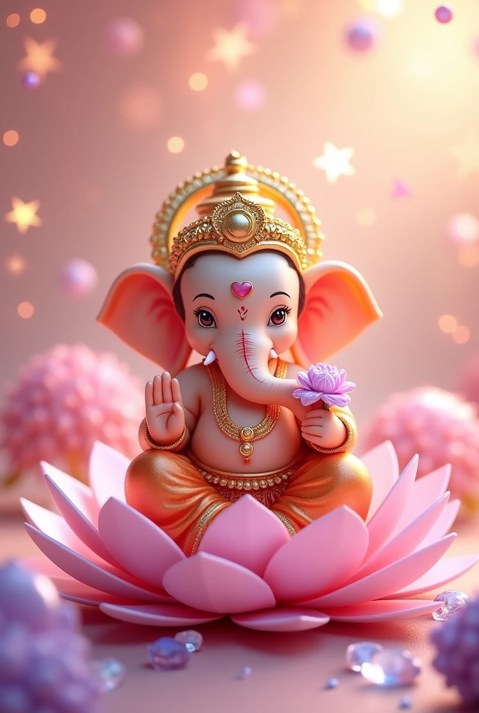 Prompt : Ganesha sitting on a golden day style wallpaper with pastel colors of pink, sitting on a pink lotus flower, purplepearls in the background, full body, cute, shiny, crystal stars, digital art, simple design, very high resolution, cinematic lighting, perfect composition, harmonious composition, octane render, Hold Lotus flower, Chibi-Style.