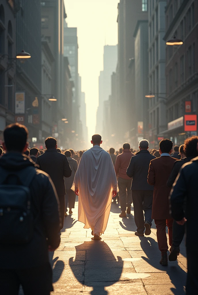 Crowd of people walking on the street and a man in the middle with a glow