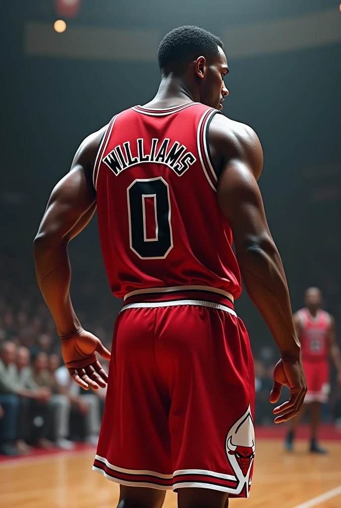 Generate image using prompt: black Chicago Bulls basketball player with the name Williams on his jersey and the number 0 on his back