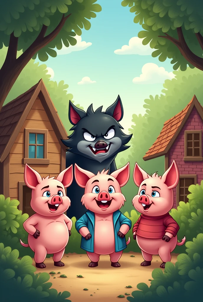 crie uma imagem do livro the three little pigs, with the big bad wolf with a bad face hiding in a bush.three houses in the background,a straw one, one made of wood and one made of bricks. three happy little pigs in front and above the logo written "the three little pigs"