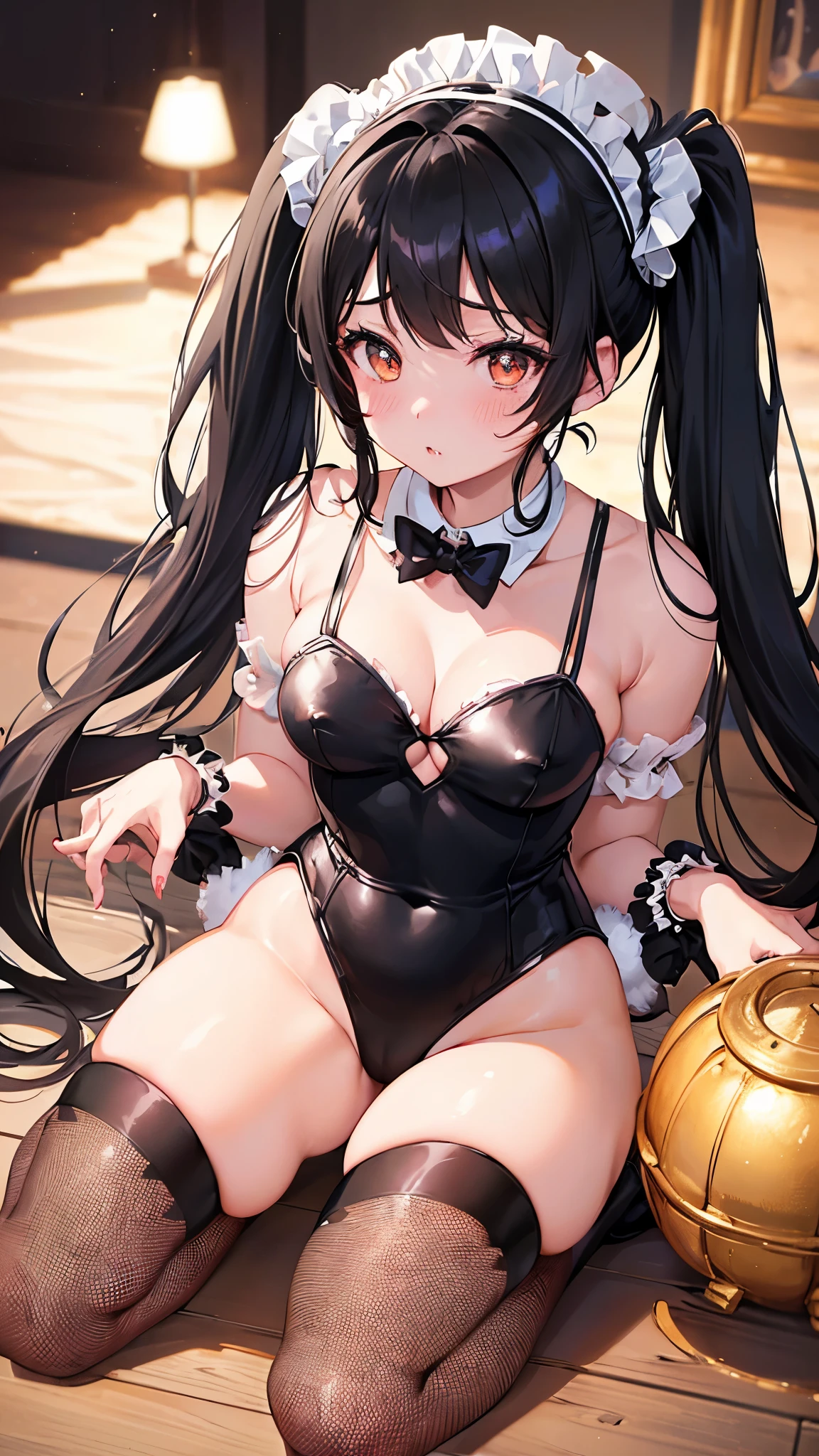 (((anime-style cute face))), ((((Black hair twin tails)))),((((Bunny girl)))),Highest quality, (Sharp details), 8k,,(looking at the camera),,Cute Breasts、Nipples stand up、Pink areola、I can see the nipples、(Super frilly mini skirt)、(A sexy and seductive face)、(No sleeve)、(Belly button)、(Cleavage shows)、blush、Very big eyes、sparkling pupils、anatomically correct body、Big thighs、((Naughty black fishnet stockings))、Light from the front、The face is bright、A room in a love hotel、Nasty Dance、
