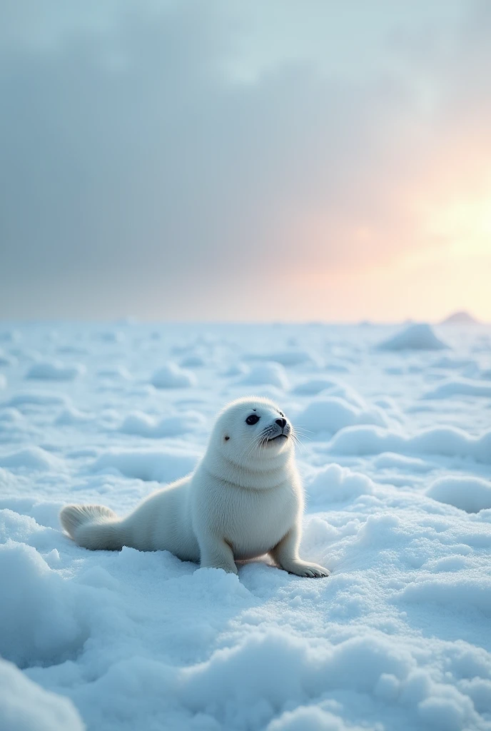 In this mesmerizing image, A cute white seal on a vast, frozen shoreline, gazing out at the endless icy ocean under a inkredible winter sky, detailed, . The scene is serene but lonely and sad, with the seal looking small against the expansive, cold landscape. The image, possibly a photograph, showcases exquisite attention to detail, with the delicate colors blending harmoniously to create a truly stunning and high-quality visual masterpiece.