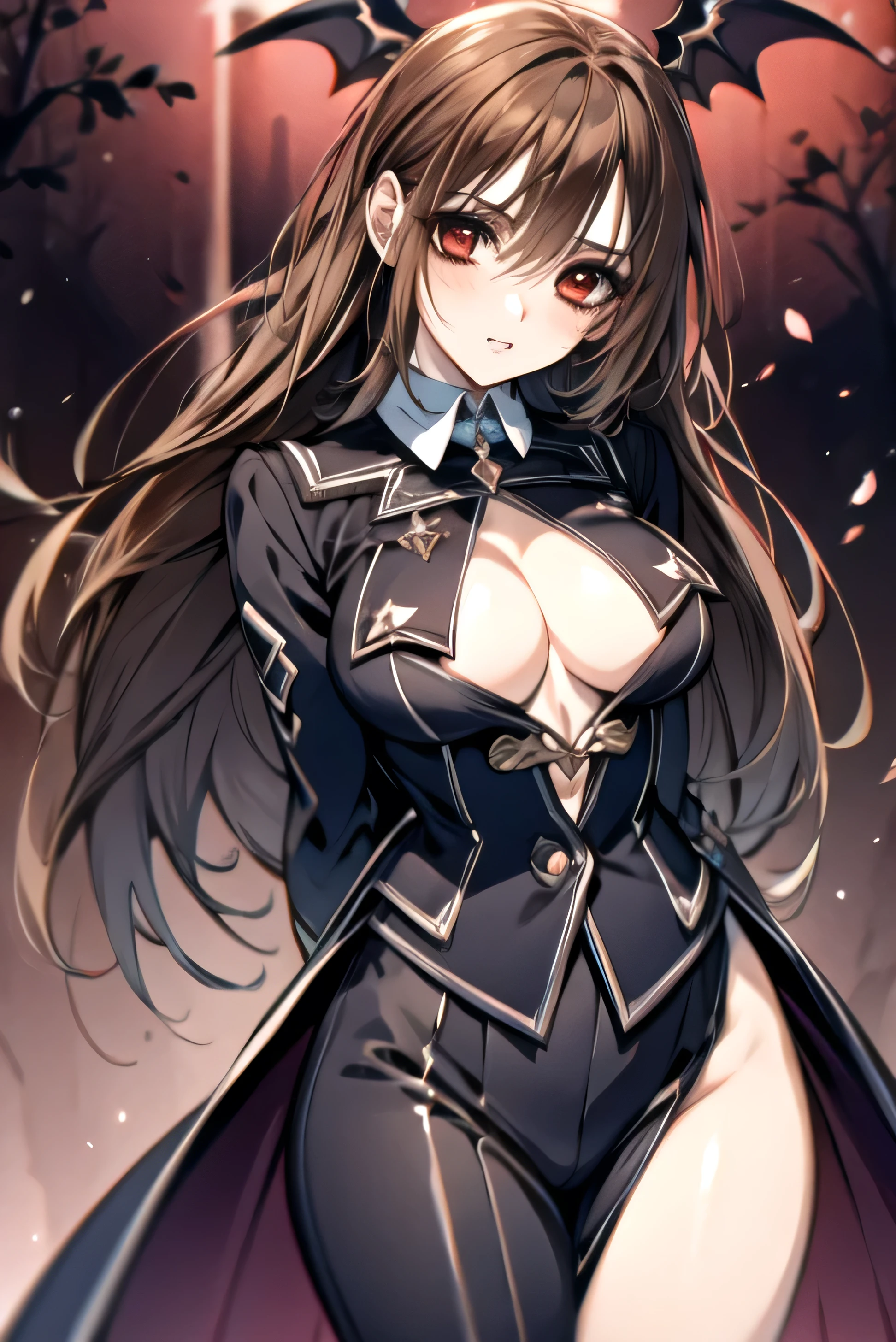 (absurdres, highres, ultra detailed, HDR), masterpiece, best quality, Yuki Cross, 1woman, solo, beautiful, (long brown hair), vibrant red eyes, finely eye and detailed face, solid black background, black uniform, vampire knight, (arms behind back), solid crimson background, cleavage, large breasts, sexy, contrapposto, looking at viewer, straight on, 