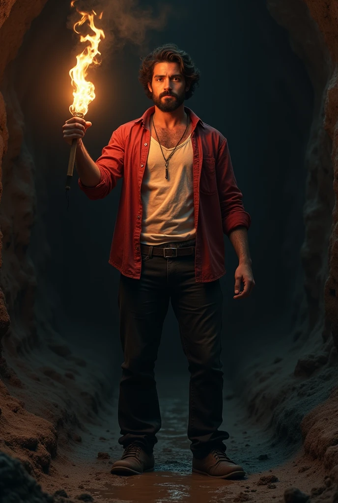 A 20 year old man is standing in a mud hole (no underground light) He has a light beard and mustache (black in color) on his face He has a torch in his right hand He wears a red full sleeved shirt and a black full pant shirt unbuttoned White inside Color t-shirt