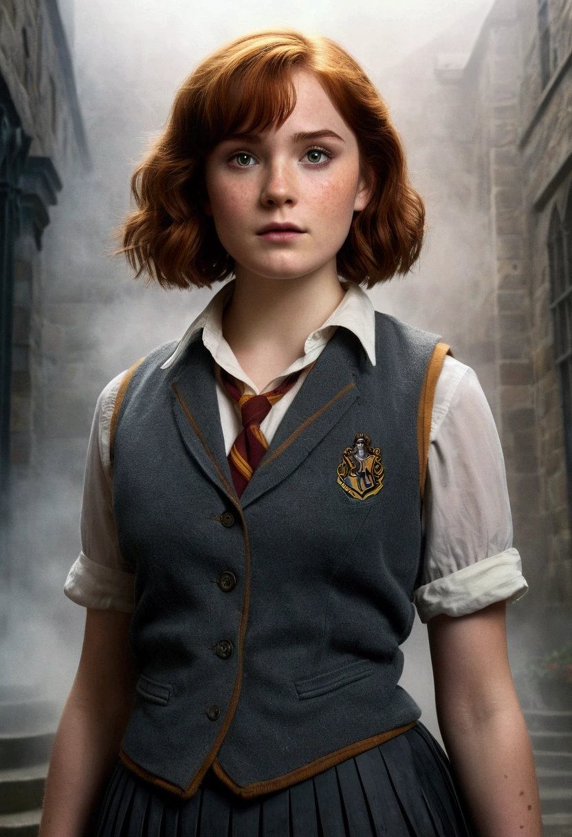 An illustrated movie poster, hand-drawn, full color, a age Hogwarts student, 18-years-old, female, wearing a charcoal vest and a pleated skirt, athletic hourglass figure, full wide hips, massive round butt, long shapely legs, ridiculously thick powerful thighs, vibrant eyes, deep dark auburn hair, messy pixie cut, flushed sun-kissed complexion, freckles, resembles Genevieve O'Reilly, standing in a foggy Hogwarts courtyard, surrounded by mist, graphite shading, stencil marks, airbrushed acrylic paint, masterpiece, close-up shot, in the style of the Deathly Hallows