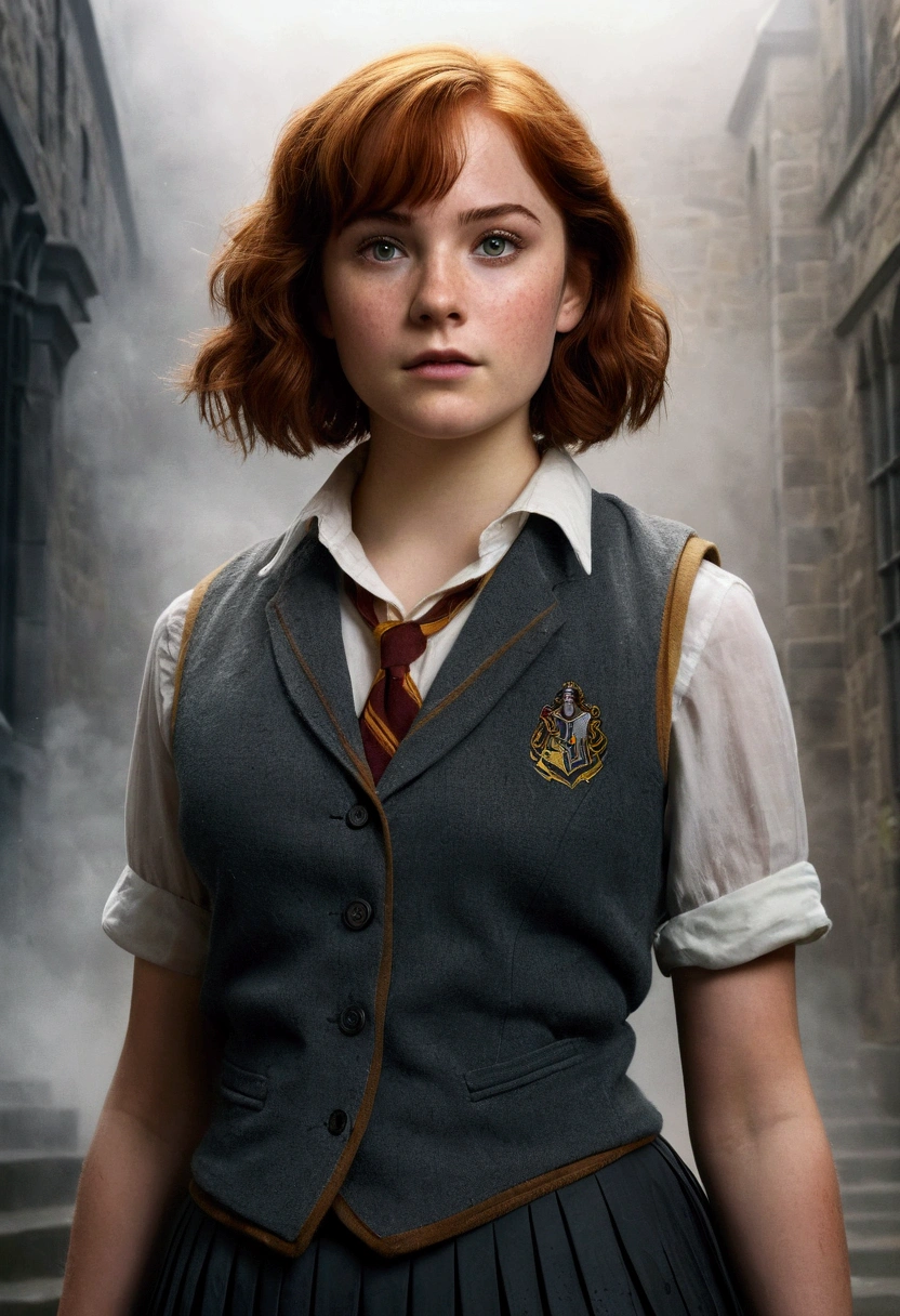 An illustrated movie poster, hand-drawn, full color, a teenage Hogwarts student, 18-years-old, female, wearing a charcoal vest and a pleated skirt, athletic hourglass figure, full wide hips, massive round butt, long shapely legs, ridiculously thick powerful thighs, vibrant eyes, deep dark auburn hair, messy pixie cut, flushed sun-kissed complexion, freckles, resembles Genevieve O'Reilly, standing in a foggy Hogwarts courtyard, surrounded by mist, graphite shading, stencil marks, airbrushed acrylic paint, masterpiece, close-up shot, in the style of the Deathly Hallows