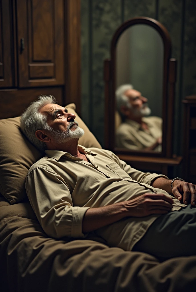 An image of an elderly man talking to a wardrobe mirror from his bed while lying down