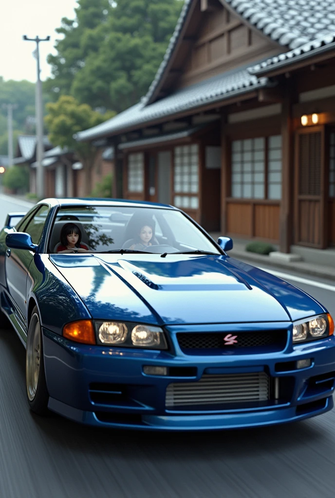 (photorealism:1.2), a japanese girl driving a nissan skyline r 32, with japanese house background,side view.