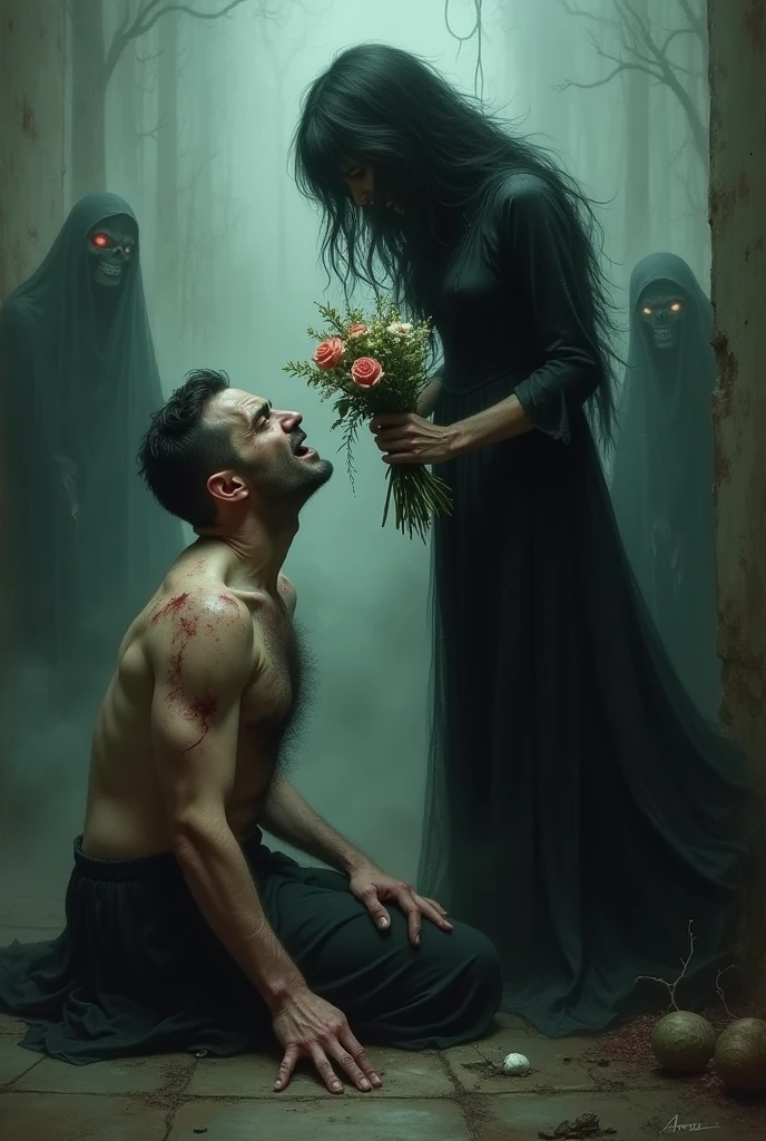 realistic horror painting in which a desperate and tormented man is being rejected by a woman. The man, with an expression of deep despair and wide eyes, kneels holding a bouquet of flowers before the woman, his hands shaking as he begs for her love. His skin is pale and marked with dark veins, as if the rejection is literally draining the life from him. The woman, with an ethereal and sinister beauty, stands above him, looking down at him with a cold and impassive expression. Her eyes are deep and empty, emitting a pale and eerie glow. She is dressed in a dark dress that seems to flow like shadows around her feet, and her black hair waves as if moved by an invisible wind. The surroundings are dark and oppressive, with thick fog and indistinct shapes that seem to writhe in the shadows, while spectral figures observe the scene with macabre smiles. The contrast between the man's desperate plea and the woman's implacable coldness creates an atmosphere of deep psychological terror.