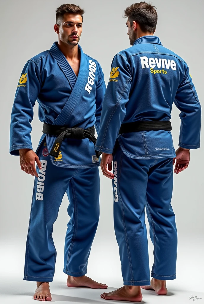Create a mockup of a Jiu-Jitsu Gi with written on REVIVE SPORTS
