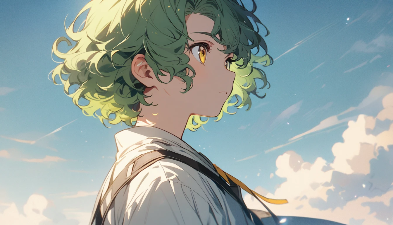 boy, solo, handsome, yellow eyes, short hair, green hair, curly hair, beautiful color, small boy, cute, glazing into the distance