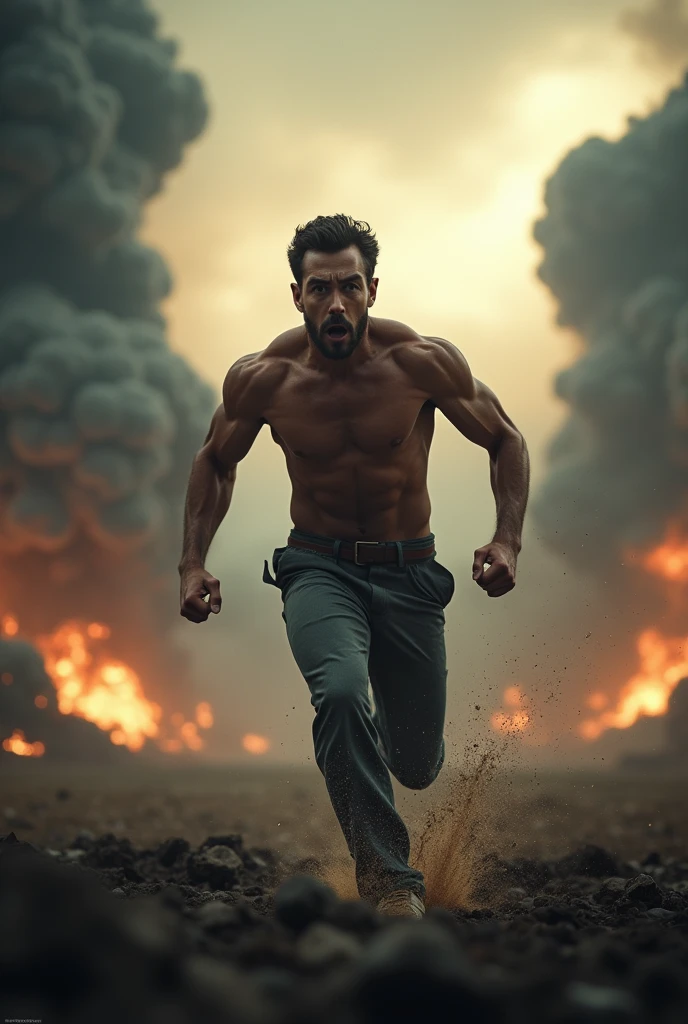 a man running from a disaster, cinematic scene, dramatic lighting, photorealistic, epic, cinematic, high contrast, intense emotions, dynamic pose, detailed facial features, realistic textures, depth of field, volumetric lighting, dramatic atmosphere, cinematic camera angles, (best quality,4k,8k,highres,masterpiece:1.2),ultra-detailed,(realistic,photorealistic,photo-realistic:1.37)