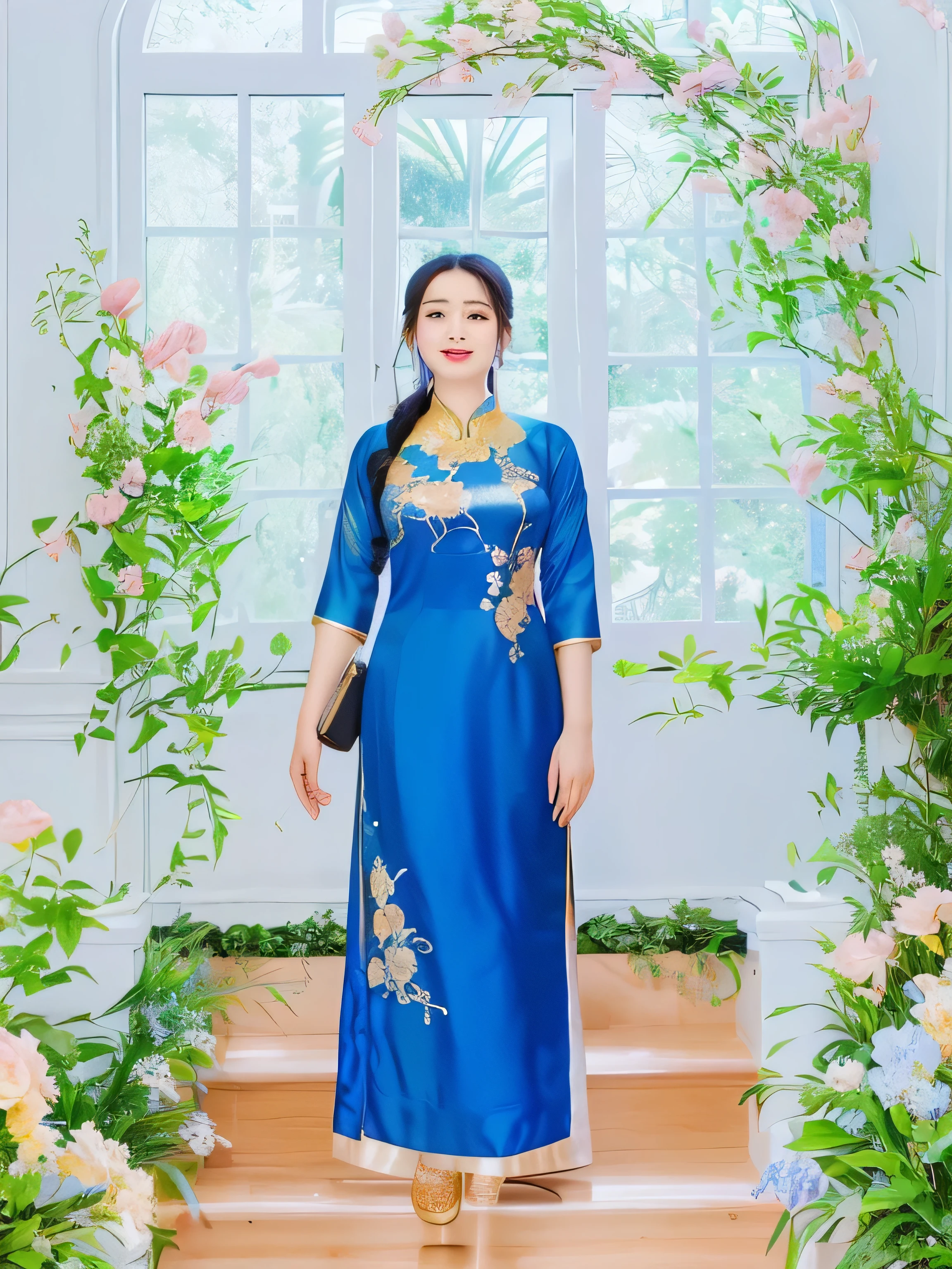In the image, a woman is wearing a beautiful blue ao dai, a traditional Vietnamese dress. The ao dai features elegant gold and floral embroidery, enhancing its gracefulness. She is standing in a lush indoor setting that mimics a rose garden, with numerous pink blooms and greenery around her and a large window that illuminates the space with natural light. The setting creates a serene and picturesque environment, perfect for photography.