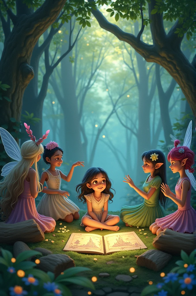 A group of friendly forest spirits gathered around a young girl, sharing stories of distant lands with illustrations of fantastical places