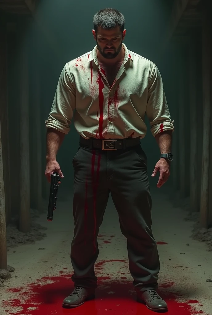A man stands with a gun in his hand and blood under his feet and blood on his body Ai image