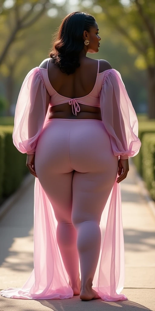 MASSIVE HIPS, MASSIVE BUTTOCKS, translucent plastic mauve leggings, UHD, She's a dark skin melanin Goddess, park sidewalk, with infinitely small waist, translucent puffy HUGE sleeves, muscular abs, ffade cut