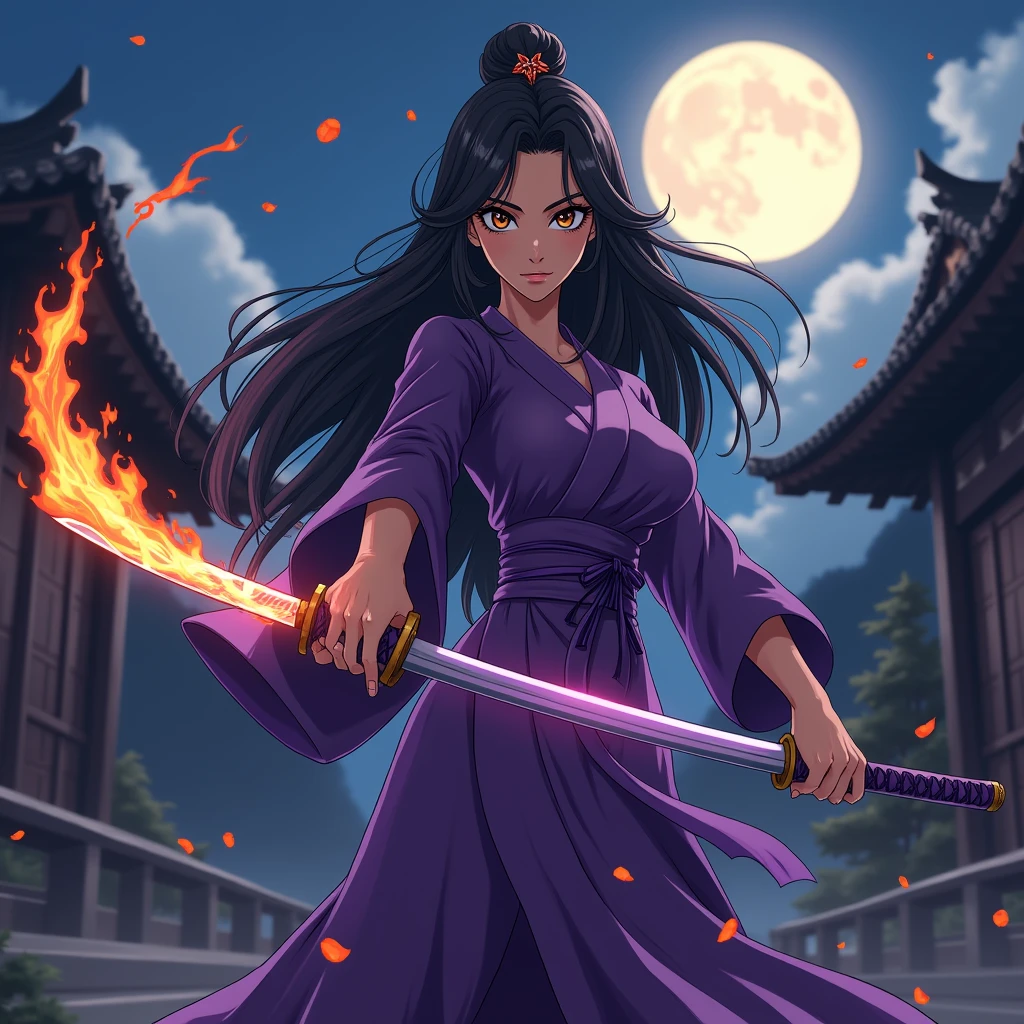 A slender, curvy Brazilian girl, medium-brown complexion on her skin, not so big breasts, long black hair that cascades down her back, and a fringe that falls halfway across her forehead. Her deep brown eyes reflect strength and resilience. She wears a purple kimono with subtle patterns, fitted snugly to highlight her graceful figure. In her hair, a vibrant fiery accessory glows, symbolizing her inner power. She wields a katana with a purple blade, resonating with the style and spirit of Demon Slayer, enhanced by her Brazilian heritage. The blade pulsates with the energy of her fire-breathing technique. Environment: The setting is a traditional Japanese temple located high in the mountains, with the stillness of the night surrounding it. The  moon shines brightly in a clear sky, casting a glow over the temple's ancient wooden structures. The atmosphere is both tranquil and intense, with the quiet rustle of leaves and the distant chirping of nocturnal creatures blending with the anticipation of an impending clash. The setting reflects a fusion of Japanese tradition and the vibrant energy of Brazil. Pose:The Brazilian girl stands tall and ready, her katana raised slightly as flames dance along its edge. The fire’s light reflects off her determined expression, her stance balanced and powerful, embodying her unique blend of Brazilian spirit and samurai discipline. She is on the verge of unleashing a devastating attack with her fire-breathing technique. Lighting:The moonlight provides a soft, cool backdrop, while the flames from her hair accessory and katana create a dynamic contrast, casting warm, flickering light across her figure. The scene is marked by deep shadows and dramatic lighting, emphasizing the intensity of the night and the power radiating from the girl. Style: Anime-inspired, with particular attention to the blend of Brazilian and Japanese elements in her appearance and setting. Demon slayer style 4k, manga style 4k, anime style 4k