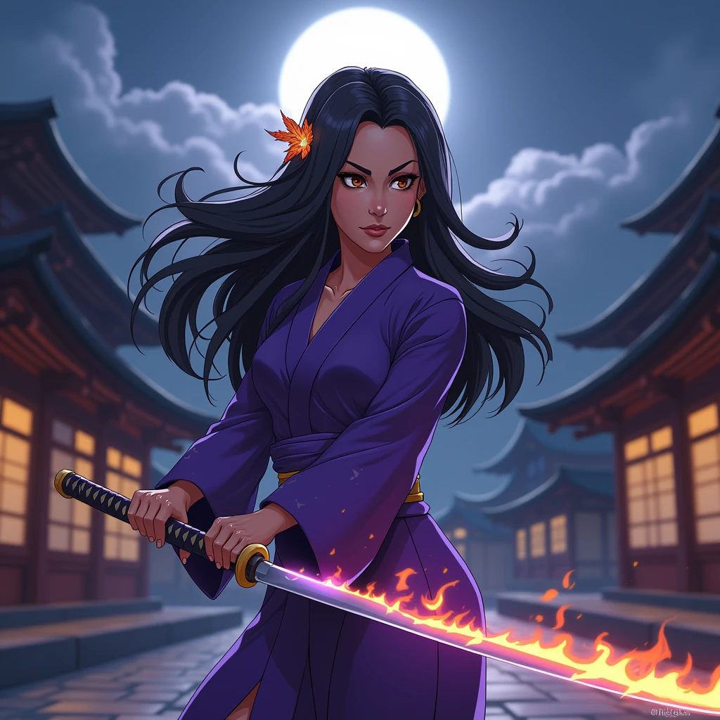 A slender, curvy Brazilian girl, medium-brown complexion on her skin, not so big breasts, long black hair that cascades down her back, and a fringe that falls halfway across her forehead. Her deep brown eyes reflect strength and resilience. She wears a purple kimono with subtle patterns, fitted snugly to highlight her graceful figure. In her hair, a vibrant fiery accessory glows, symbolizing her inner power. She wields a katana with a purple blade, resonating with the style and spirit of Demon Slayer, enhanced by her Brazilian heritage. The blade pulsates with the energy of her fire-breathing technique. Environment: The setting is a traditional Japanese temple located high in the mountains, with the stillness of the night surrounding it. The  moon shines brightly in a clear sky, casting a glow over the temple's ancient wooden structures. The atmosphere is both tranquil and intense, with the quiet rustle of leaves and the distant chirping of nocturnal creatures blending with the anticipation of an impending clash. The setting reflects a fusion of Japanese tradition and the vibrant energy of Brazil. Pose:The Brazilian girl stands tall and ready, her katana raised slightly as flames dance along its edge. The fire’s light reflects off her determined expression, her stance balanced and powerful, embodying her unique blend of Brazilian spirit and samurai discipline. She is on the verge of unleashing a devastating attack with her fire-breathing technique. Lighting:The moonlight provides a soft, cool backdrop, while the flames from her hair accessory and katana create a dynamic contrast, casting warm, flickering light across her figure. The scene is marked by deep shadows and dramatic lighting, emphasizing the intensity of the night and the power radiating from the girl. Style: Anime-inspired, with particular attention to the blend of Brazilian and Japanese elements in her appearance and setting. Demon slayer style 4k, manga style 4k, anime style 4k