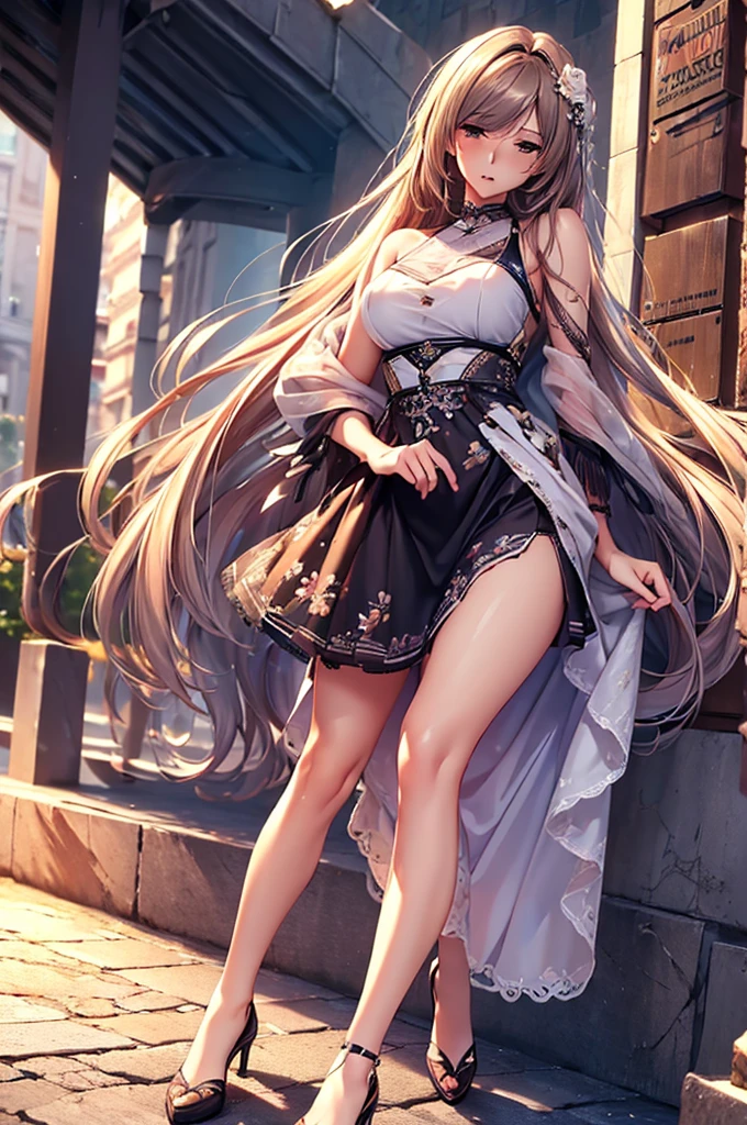 realistic, 1girls, best quality, 12k, HD, long hair, big round breasts, cleavage, ponytail, necklace, jewelry, shorts, short jacket, slim hips, hair tie, yellow eyes, black hair, purple color clothes, super detail, Eye detail, hair detail, person detail, mouth detail, face detail, breast detail, clothes detail, hair detail, pants detail, hand detail, whole body