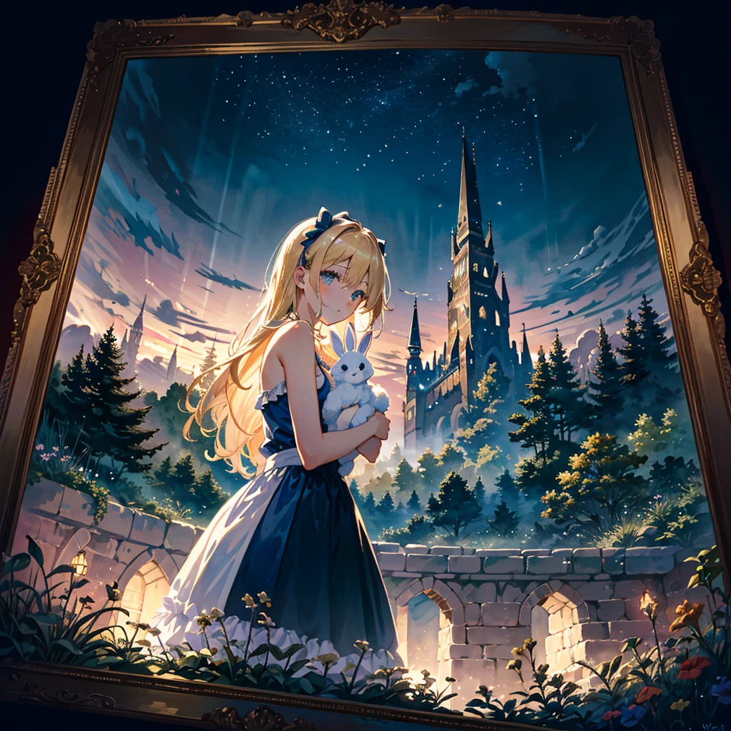 Fantasy world, eyes shine like searchlights in the darkness of the night, blonde hair, girl hugging a rabbit, healing, woman dressed as Alice in Wonderland, bare shoulders, side breasts, light and darkness, artistic Memorable masterpiece, historical moment, (fantastic and enchanting landscape) watercolor: 1.3, delicate, detailed, masterpiece, intricate line drawing
