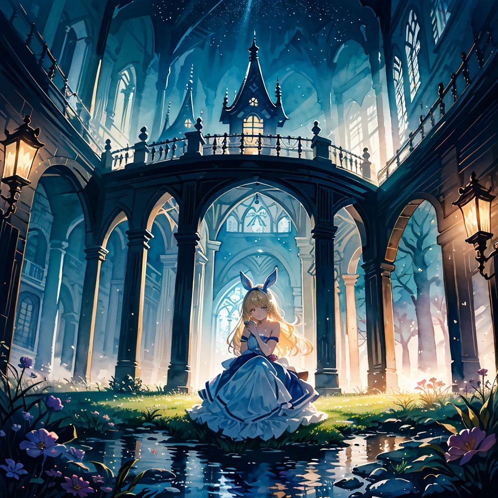 Fantasy world, eyes shine like searchlights in the darkness of the night, blonde hair, girl hugging a rabbit, healing, woman dressed as Alice in Wonderland, bare shoulders, side breasts, light and darkness, artistic Memorable masterpiece, historical moment, (fantastic and enchanting landscape) watercolor: 1.3, delicate, detailed, masterpiece, intricate line drawing
