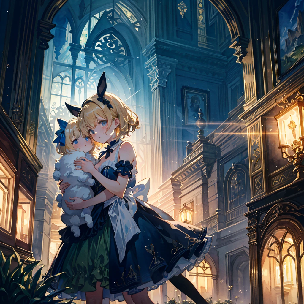 Fantasy world, eyes shine like searchlights in the darkness of the night, blonde hair, girl hugging a rabbit, healing, woman dressed as Alice in Wonderland, bare shoulders, side breasts, light and darkness, artistic Memorable masterpiece, historical moment, (fantastic and enchanting landscape) watercolor: 1.3, delicate, detailed, masterpiece, intricate line drawing