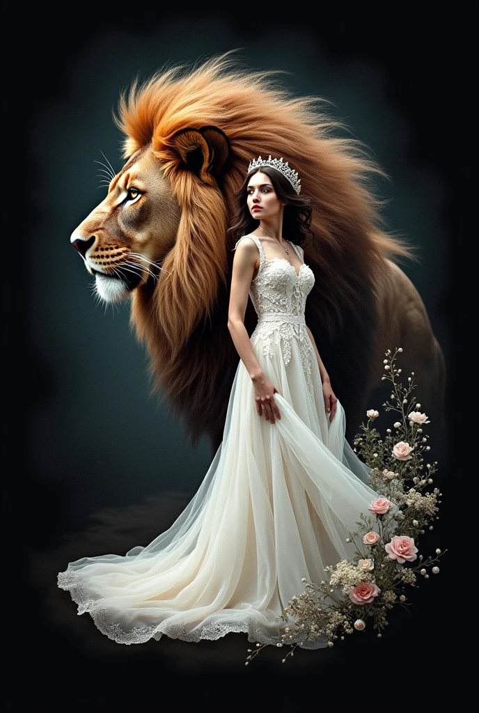 Create a women's shirt with a picture of a large lion and a bride on the black shirt image and without the model