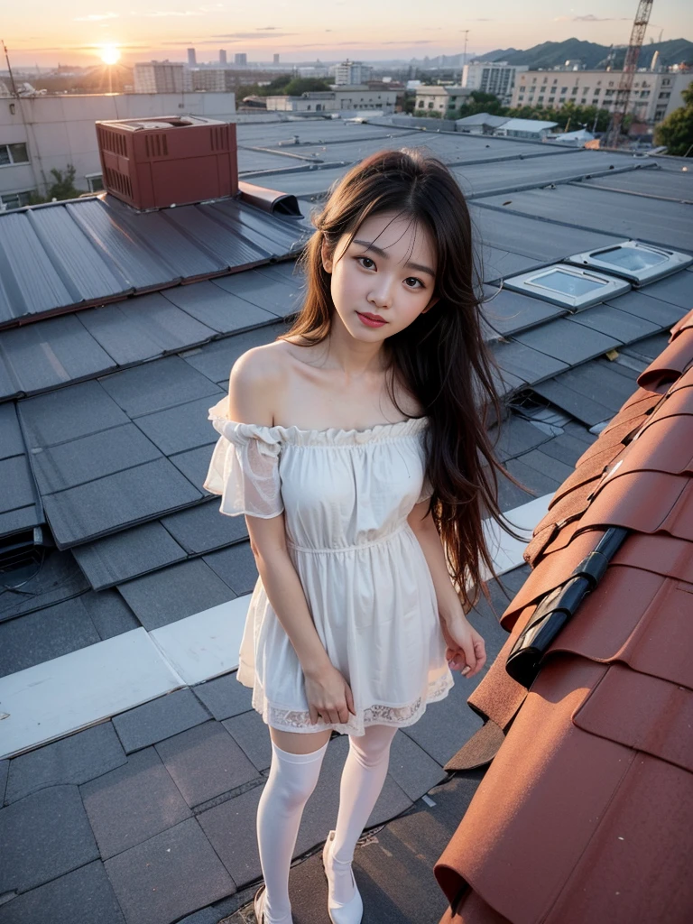 (1 Korean star with royal sister style), ((Best quality, 8k, Masterpiece: 1.3)), focal point: 1.2, Perfect body proportions: 1.4, (Make a smile), (Sunset: 1.3), Watery eyes, highly detailed face and skin textures, Fine eyes, Double eyelids, Whitens the skin, (long haired, Air bangs: 1.3), (Round face inches: 1.5), (Off shoulder dress: 1.4), (standing on rooftop: 1.6),(white stocking: 1.4),(film grain style:1.3),a sense of atmosphere