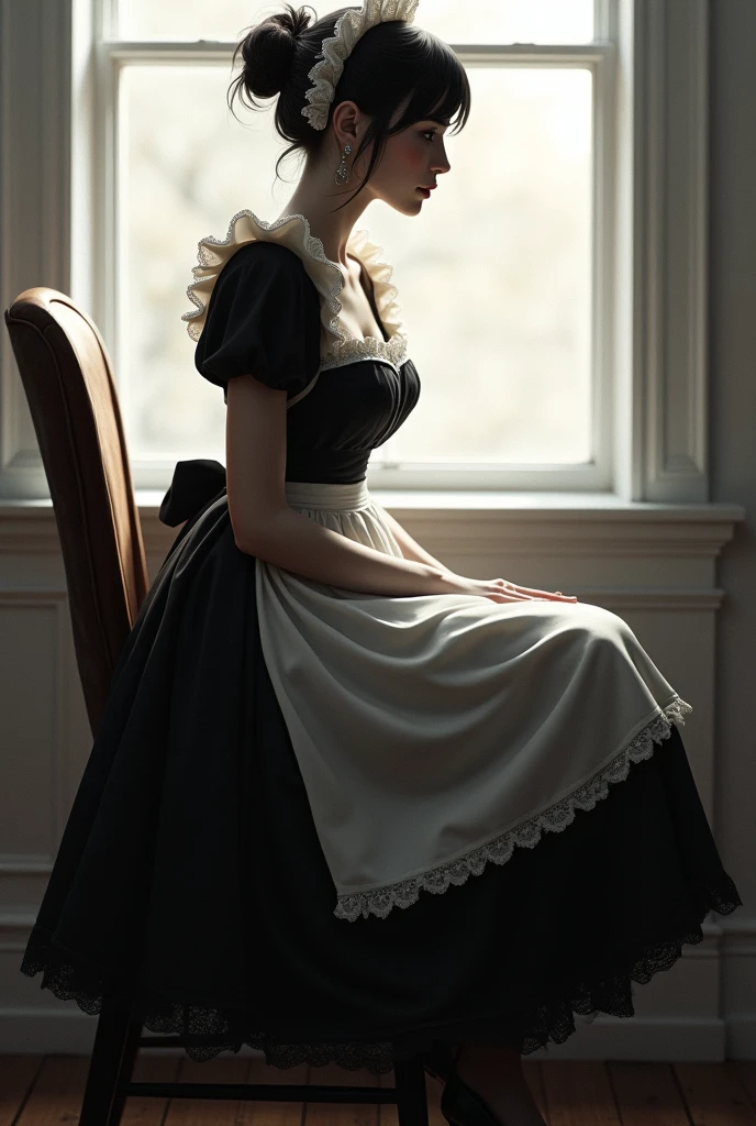 Draw a beautiful maid in a black and white dress sitting on a chair by the window with her legs crossed