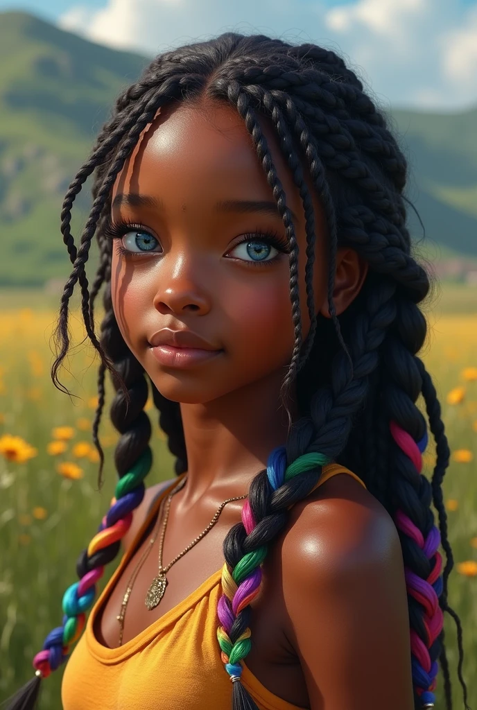 Une jeune fille adolescente noire au teint chocolat ciré et brillant aux yeux bleus et avec des tresses multicolores au sept couleurs de l'arc-en-ciel en réaliste