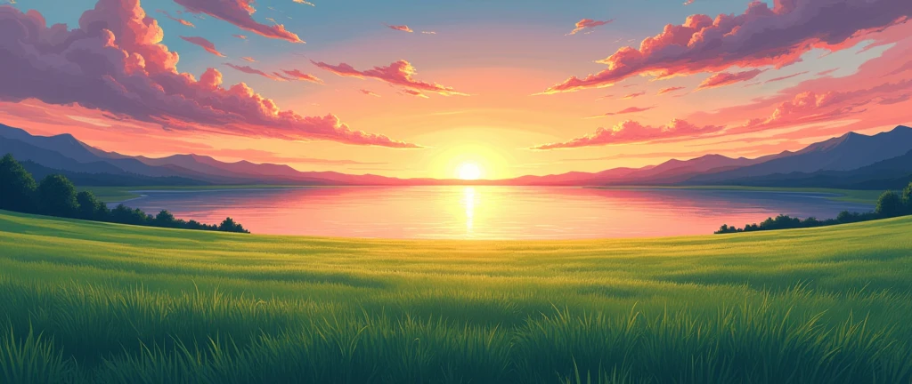 Draw (in manga lines) a green field, with a calm lake, At the sunset, with panoramic horizontal view
