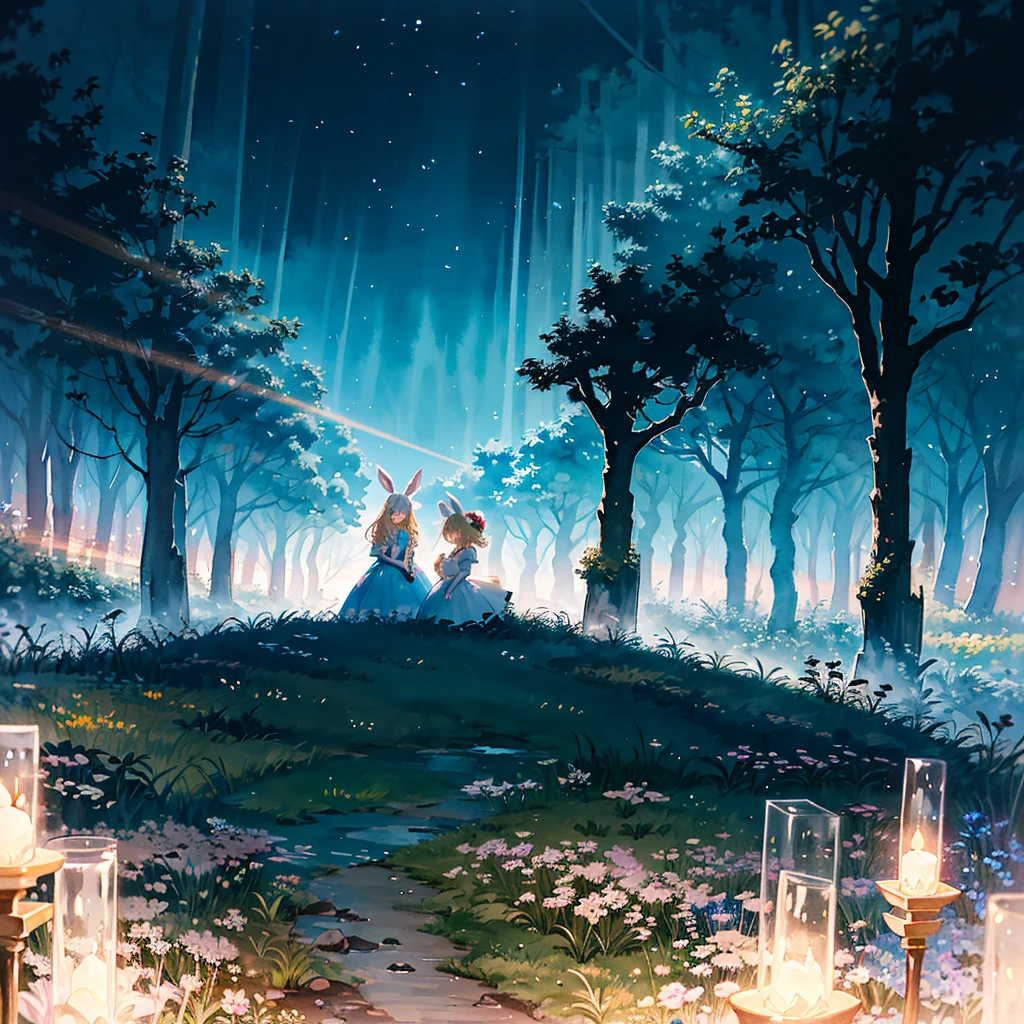 Fantasy world, eyes shine like searchlights in the darkness of the night, blonde hair, girl hugging a rabbit, healing, woman dressed as Alice in Wonderland, bare shoulders, side breasts, light and darkness, artistic Memorable masterpiece, historical moment, (fantastic and enchanting landscape) watercolor: 1.3, delicate, detailed, masterpiece, intricate line drawing