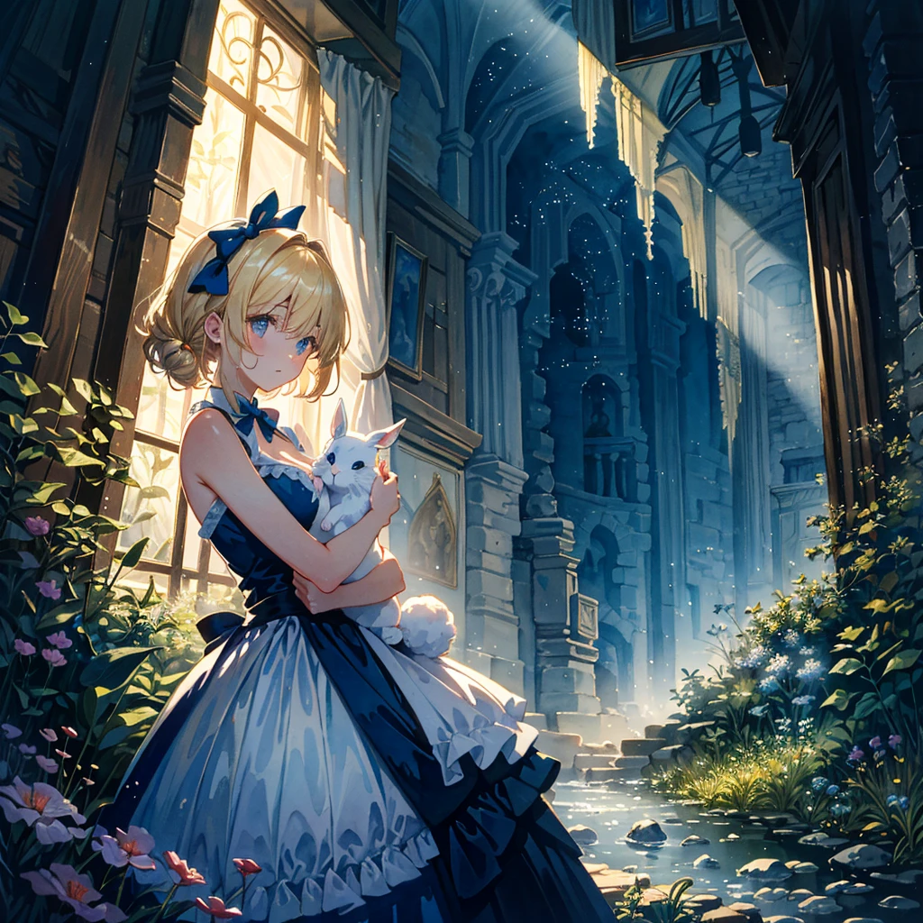 Fantasy world, eyes shine like searchlights in the darkness of the night, blonde hair, girl hugging a rabbit, healing, woman dressed as Alice in Wonderland, bare shoulders, side breasts, light and darkness, artistic Memorable masterpiece, historical moment, (fantastic and enchanting landscape) watercolor: 1.3, delicate, detailed, masterpiece, intricate line drawing
